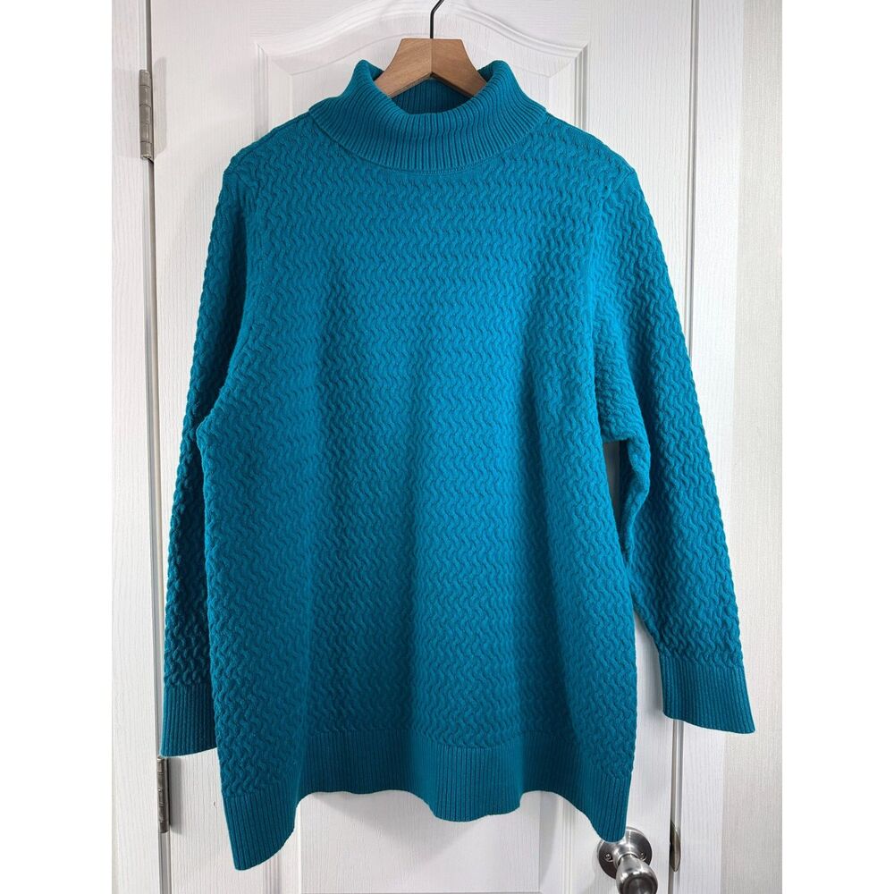 Lands' End Women's Turtleneck 100% Cotton Knit Sweater Teal Blue Size 2X 20W-22W